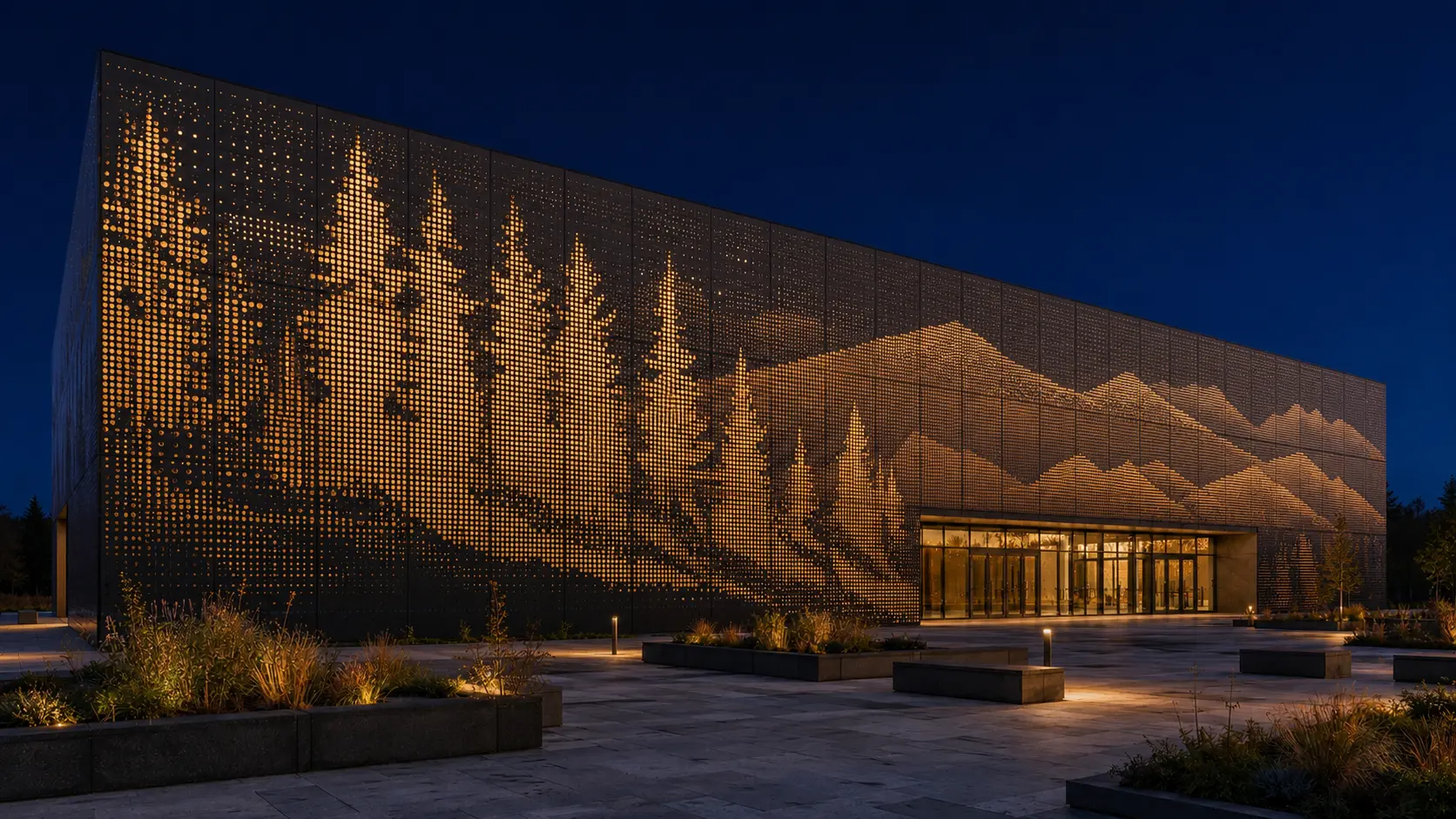 IMAGE FACADE с тёплой подсветкой через перфорацию