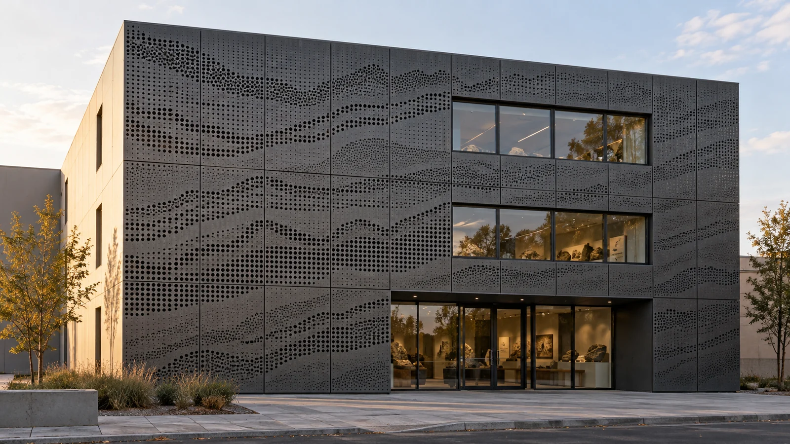 Архитектурная концепция «Геологические слои»: IMAGE FACADE с линейным рисунком пород на компактной галерее.